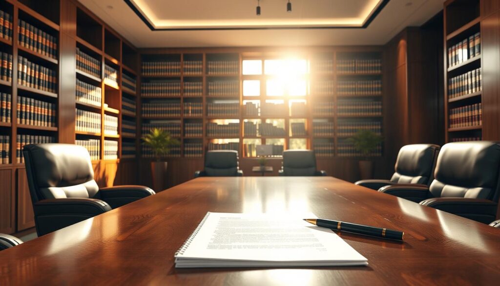 A modern, sleek law office interior with a large wooden desk and plush leather chairs. Warm, natural lighting streams in through floor-to-ceiling windows, casting a comforting glow over the space. In the foreground, a stack of documents and a pen rest on the desk, symbolizing the valuable legal counsel provided. The background features bookshelves filled with law books, subtly conveying the depth of knowledge and expertise available. An air of professionalism and trustworthiness permeates the scene, inviting the viewer to appreciate the true value of legal consultation.