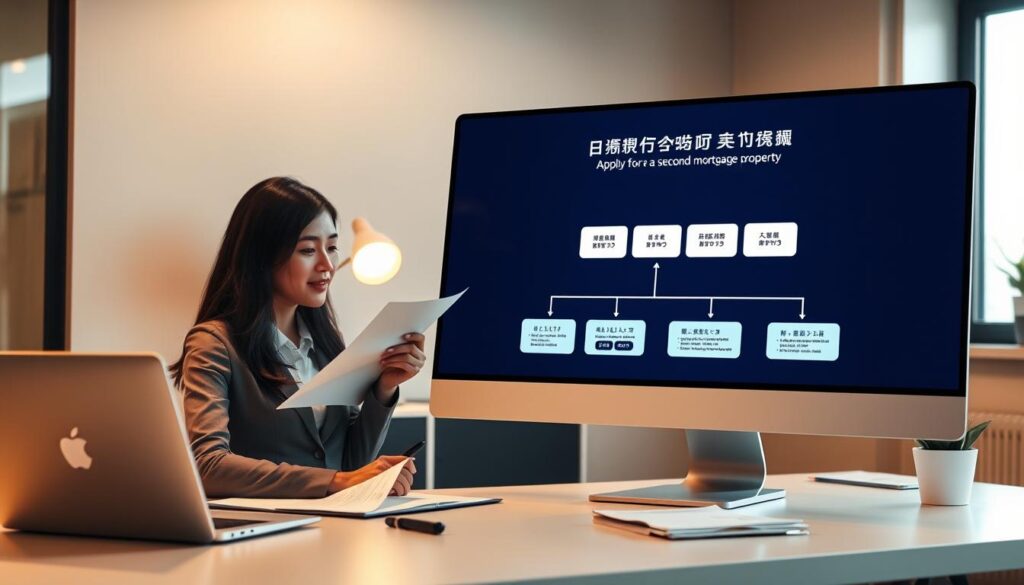 A modern, sleek office setting with a businesswoman reviewing documents on a desktop computer. The foreground features a clean, minimalist desk setup with a laptop, pen, and paperwork. The middle ground showcases a large screen displaying a step-by-step flowchart illustrating the "二胎設定申請流程". In the background, warm lighting from a window casts a soft glow, creating a professional and productive atmosphere. The color palette is muted, with touches of grey, white, and blue to convey a sense of efficiency and organization. The overall scene effectively communicates the process of applying for a second mortgage on a property.