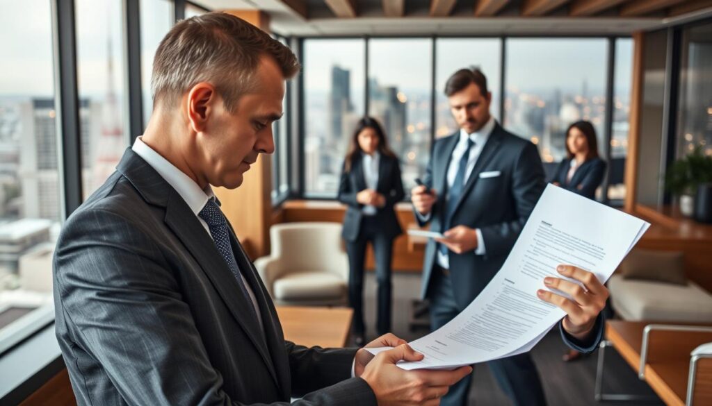 A modern, stylish office interior with sleek wooden furniture and large windows overlooking a bustling city skyline. In the foreground, a professional-looking man in a suit is reviewing paperwork related to real estate debt consolidation, his expression focused and determined. The middle ground features a team of financial advisors and lawyers collaborating on a presentation, the mood serious yet purposeful. The background showcases the urban landscape, the city lights twinkling in the distance, creating a sense of progress and opportunity. The scene conveys a sense of expertise, diligence, and problem-solving in the realm of real estate debt management.