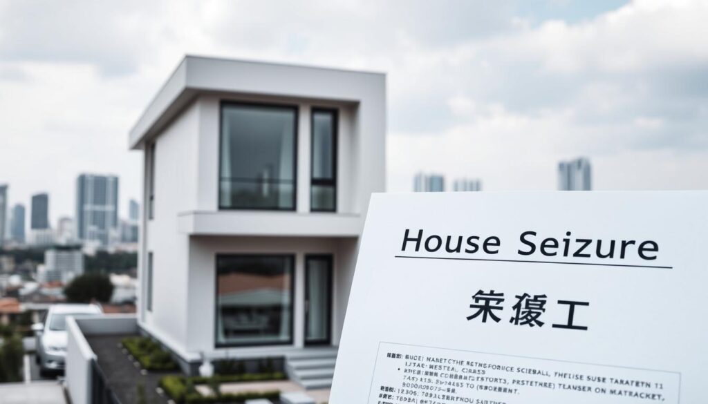 A modern two-story residential building with a sleek, minimalist design, set against a backdrop of a bustling city skyline. The building's facade features clean lines, large windows, and a neutral color palette. In the foreground, a legal document with the words "房屋查封" (House Seizure) is prominently displayed, casting a somber tone over the scene. The image conveys a sense of the legal process and the consequences of house seizure, while still maintaining a visually appealing and aesthetically pleasing composition.