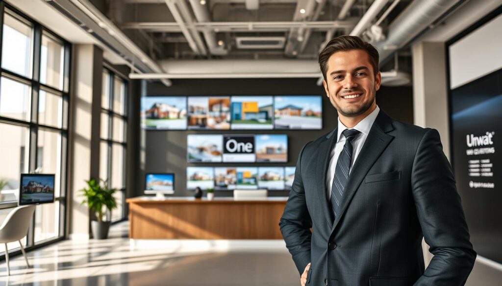 A modern, well-designed real estate office with a sleek, minimalist aesthetic. The interior is filled with natural light, featuring large windows and high ceilings. In the foreground, a smartly-dressed real estate agent stands ready to assist clients, their expression conveying professionalism and approachability. The middle ground showcases a variety of property listings displayed on digital screens, highlighting the "one-stop-shop" nature of the services offered. The background reveals tasteful branding and signage, reinforcing the company's identity and expertise. The overall atmosphere exudes efficiency, trust, and a commitment to providing a seamless real estate experience.