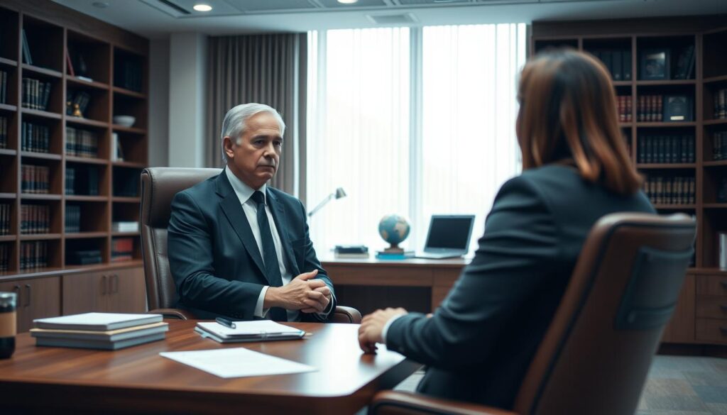 A modern, well-lit law office interior with a large wooden desk, bookshelves, and a comfortable leather chair. In the foreground, a middle-aged professional legal consultant in a smart suit is seated, engaged in a serious discussion with a client. The atmosphere is one of authority, expertise, and trustworthiness, conveying the sense of a reliable, high-quality legal service. Soft, directional lighting illuminates the scene, creating a sense of professionalism and attention to detail. The composition emphasizes the centrality of the legal consultation, with the background elements providing a sophisticated, business-like setting.
