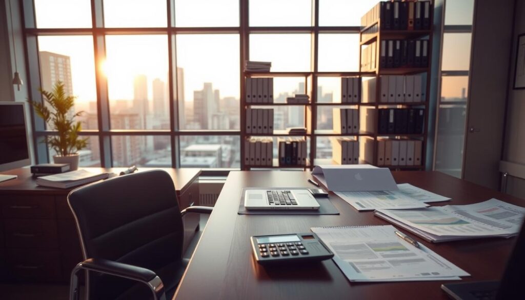 A modern, well-lit office interior with a prominent desk and chair in the foreground. On the desk, an assortment of documents, a calculator, and a laptop computer, conveying the idea of financial planning and debt management. In the middle ground, shelves filled with binders and files, hinting at the organization and attention to detail required for real estate debt consolidation. The background features large windows overlooking a cityscape, with a warm, golden glow from the setting sun, creating a sense of professionalism and success. The overall scene should evoke a sense of trust, expertise, and the ability to provide effective solutions for real estate financial challenges.