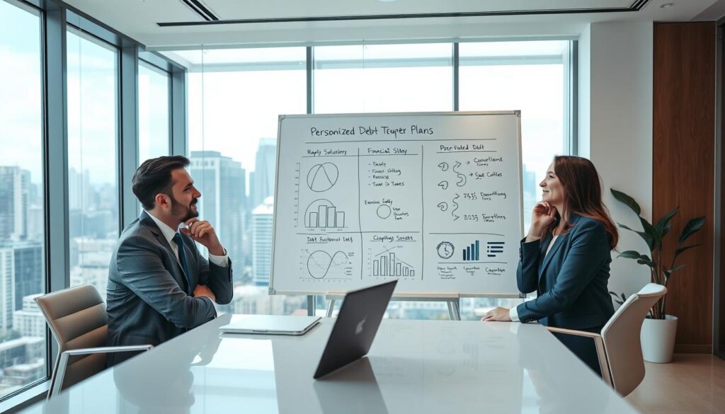A modern, well-lit office space with a sleek, minimalist design. In the foreground, a financial advisor sits at a desk, engaged in a thoughtful discussion with a client. The advisor's expression conveys empathy and professionalism, while the client appears relieved and confident. The middle ground features a large whiteboard displaying a customized financial plan, with charts and diagrams illustrating personalized debt solutions. The background showcases large windows overlooking a bustling city skyline, creating a sense of urban sophistication. The overall atmosphere is one of trust, expertise, and tailored problem-solving.