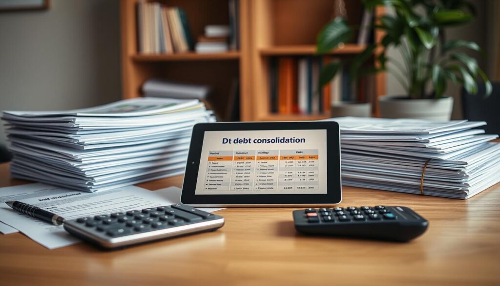 A neatly organized desk with stacks of financial documents, a tablet displaying debt consolidation plans, and a calculator. Warm, focused lighting illuminates the scene, creating a contemplative atmosphere. In the background, a bookshelf and potted plant suggest a professional, yet calming office setting. The overall composition conveys the thoughtful process of evaluating debt consolidation options with the assistance of expert guidance.