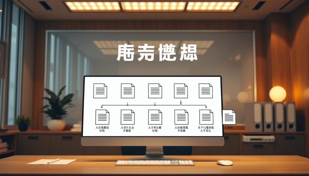A neatly organized office workspace with a clear desktop displaying a sequence of application document icons, representing the various stages of the document preparation process. Warm, indirect lighting illuminates the scene, creating a professional and focused atmosphere. The documents are arranged in a logical flow, guiding the viewer through the key steps involved in the application process. The overall composition conveys a sense of efficiency, attention to detail, and a well-structured workflow. The image effectively captures the essence of the "房屋轉貸增貸申請流程解析" section, providing a visually engaging representation of the document preparation process.