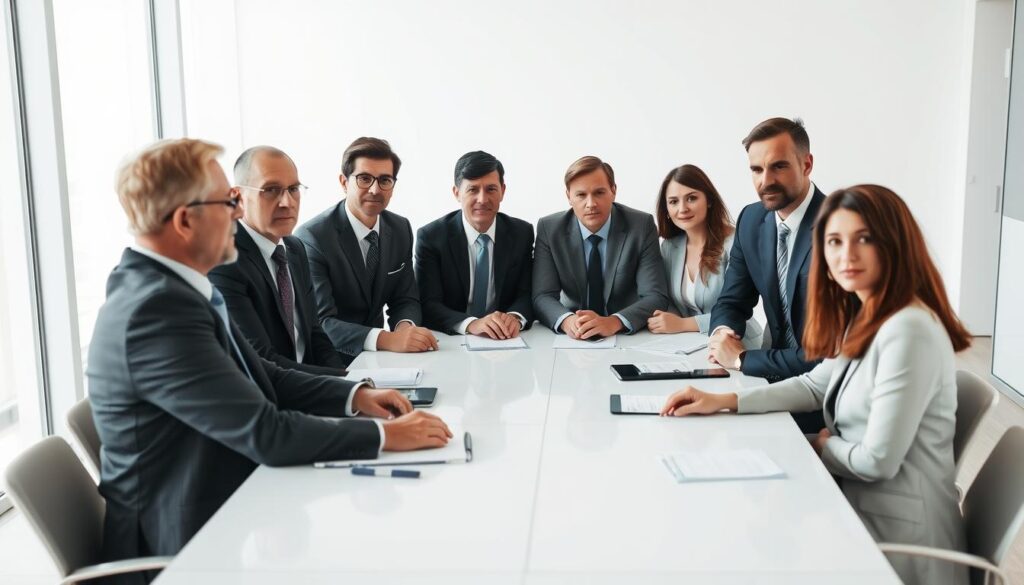 A professional and serious-looking business meeting taking place in a modern, well-lit conference room. The focal point is a group of smartly dressed individuals - lawyers and financial advisors - engaged in an intense yet constructive discussion around a table. Their expressions convey a sense of focused problem-solving as they collaborate to find a resolution to a complex debt dispute. The background is clean and minimalist, with floor-to-ceiling windows allowing natural light to pour in, creating a sense of transparency and openness. The overall mood is one of professionalism, expertise, and a determination to find a favorable outcome for all parties involved.