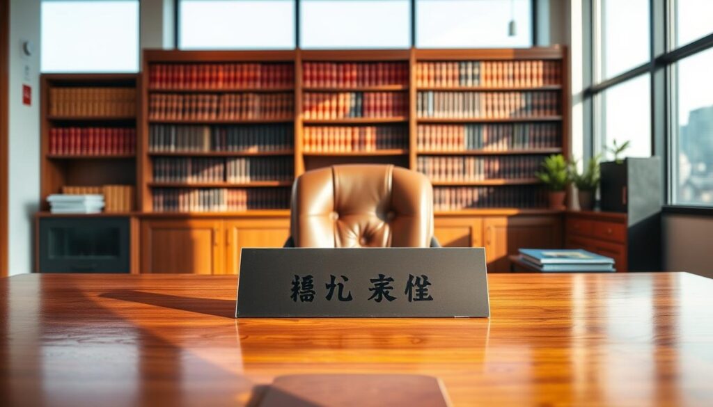 A professional and welcoming law office, warmly lit with soft, natural lighting filtering through large windows. In the foreground, a polished wooden desk with a nameplate reading "Law Consultation" in Chinese characters. Behind it, a comfortable leather chair facing the viewer, inviting a client to sit and discuss their legal matters. The middle ground features bookshelves lining the walls, filled with leather-bound volumes, conveying a sense of expertise and authority. The background showcases a tranquil city skyline visible through the windows, creating a calming, contemplative atmosphere. The overall scene exudes a sense of trust, professionalism, and competence, perfectly suited for a legal consultation service.