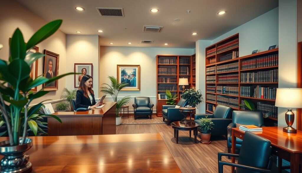A professional law office interior with a warm, inviting atmosphere. The foreground features a wooden reception desk with a polished surface, and a smartly dressed receptionist assisting a client. The middle ground showcases tasteful artwork, lush potted plants, and comfortable seating areas where clients can consult with attorneys. The background depicts bookshelves lining the walls, filled with law volumes, creating an aura of expertise and professionalism. Soft, indirect lighting illuminates the space, casting a subtle glow and lending an air of quiet contemplation. The overall impression is one of competence, trustworthiness, and a dedication to providing high-quality legal services.
