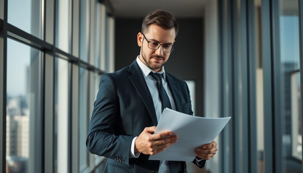 A professional-looking man in a dark suit standing confidently in a modern, well-lit office setting. His expression conveys expertise and authority as he carefully reviews legal documents. The environment is sleek and minimalist, with large windows overlooking a cityscape in the background. Soft, directional lighting accentuates his features and casts dramatic shadows, creating a sense of depth and sophistication. The overall atmosphere evokes a trustworthy, knowledgeable, and capable legal professional adept at risk management.