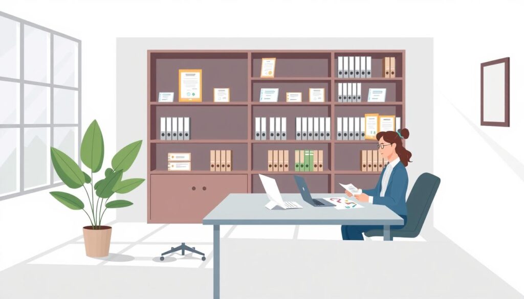 A professional, modern-looking illustration showcasing a debt consolidation service. Set in a clean, minimalist office environment with natural lighting from large windows. In the foreground, a financial advisor sitting at a desk, discussing paperwork with a client. On the desk, various financial documents, a laptop, and a calming plant. In the background, a bookshelf with neatly organized files and certificates, conveying expertise and trustworthiness. The color palette is subdued, with a focus on greys, blues, and greens to create a professional, reassuring atmosphere. The overall mood is one of competence, reliability, and a commitment to providing personalized debt management solutions.