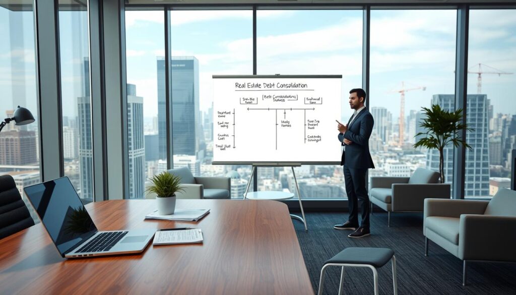 A professional, modern office interior with floor-to-ceiling windows overlooking a cityscape. In the foreground, a sleek wooden desk with a laptop, documents, and a small potted plant. Behind it, a well-dressed person, likely a financial advisor, stands next to a large whiteboard illustrating a step-by-step process flow diagram for "Real Estate Debt Consolidation". The middle ground features comfortable client seating areas with contemporary furniture. The background showcases a dynamic urban panorama, with skyscrapers and cranes in the distance, conveying a sense of progress and opportunity. Soft, even lighting creates a calm, focused atmosphere suitable for financial planning and decision-making.
