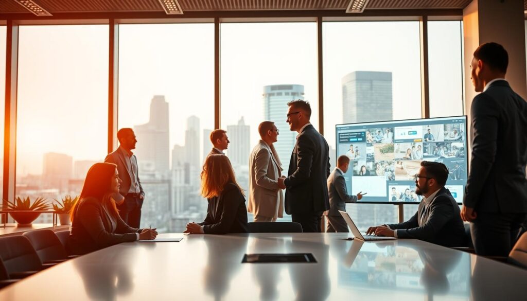 A professional team of diverse experts gathered in a modern, well-lit office space. In the foreground, a group of business people sit around a sleek conference table, engaged in a lively discussion. Midground, the team members stand or move about, collaborating on projects displayed on large screens. The background features floor-to-ceiling windows overlooking a vibrant cityscape, bathed in warm, natural lighting. An atmosphere of focused productivity, strategic planning, and collective expertise permeates the scene.