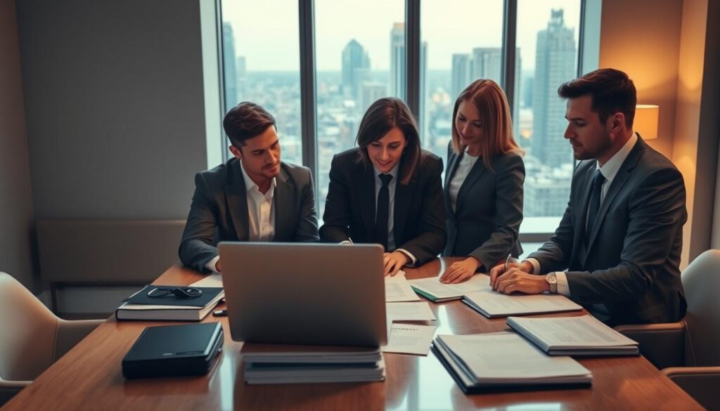 A professional team of financial experts and real estate lawyers gathered around a conference table, reviewing documents and discussing strategies for debt consolidation and property management. Soft, warm lighting illuminates the scene, creating a sense of professionalism and trust. In the foreground, a laptop and various files and paperwork are neatly arranged, reflecting the meticulous attention to detail. The background features a neutral, minimalist office setting, with modern furnishings and a large window overlooking a bustling cityscape, conveying a sense of sophistication and authority. The overall atmosphere exudes a balanced combination of expertise, diligence, and a commitment to finding tailored solutions for complex financial challenges.