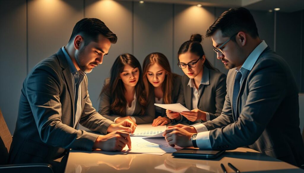 A professional team of financial experts gathered around a table, discussing debt consolidation strategies. The scene is bathed in warm, focused lighting, casting subtle shadows that highlight their concentration. The team's expressions convey a sense of expertise and determination, as they meticulously review documents and charts. In the background, a sleek, modern office setting with clean lines and muted tones provides a sophisticated backdrop. The overall atmosphere is one of competence, trust, and a commitment to helping clients navigate complex financial challenges.