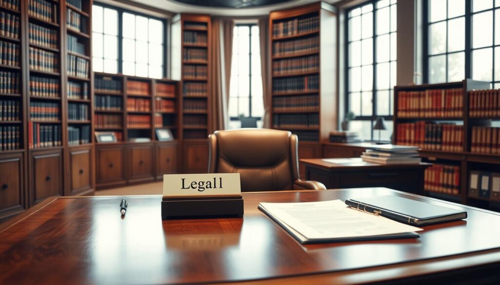 A professional, well-lit interior scene of a law office. The foreground features a sturdy wooden desk with a nameplate that reads "Legal Consultation", and on the desk are neatly arranged legal documents, a pen, and a laptop. Behind the desk, there is a comfortable leather chair. The middle ground showcases tall bookshelves lining the walls, filled with volumes of legal codes and precedents. The background has large windows that allow natural light to flood the space, creating a warm and inviting atmosphere. The overall mood is one of professionalism, expertise, and trustworthiness, reflecting the high-quality legal services provided.