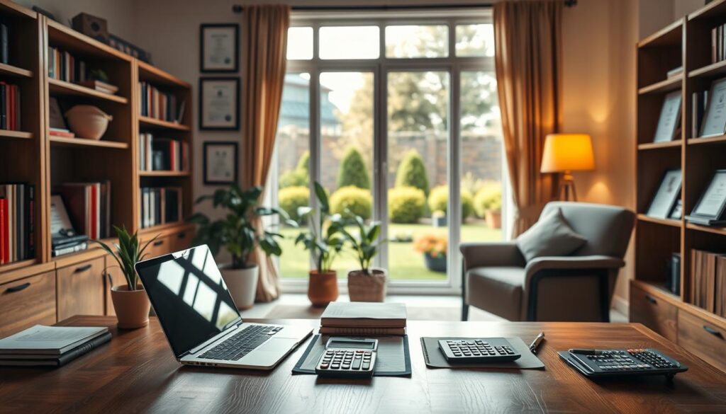 A serene home office setting with a wooden desk, bookshelves, and warm lighting. In the foreground, a laptop, notepad, and calculator symbolize the financial planning process. Framed certificates and diplomas hang on the walls, conveying expertise. The middle ground features a potted plant and a cozy armchair, creating a relaxing ambiance. The background showcases a large window overlooking a well-manicured garden, bathed in soft, natural light. The overall mood is one of professionalism, productivity, and financial security, reflecting the concept of "建立良好的財務規劃".