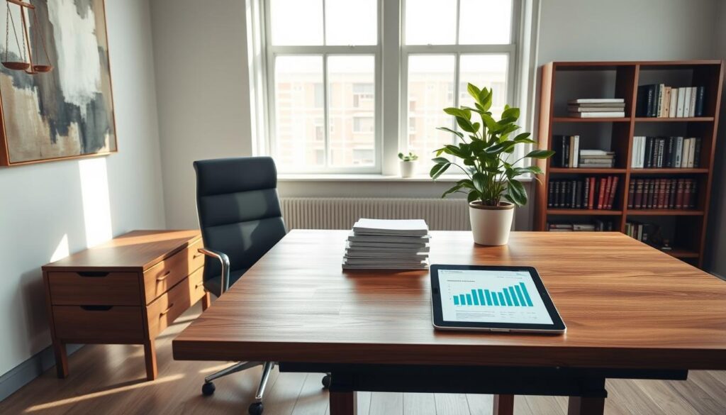 A serene modern office setting with a large wooden desk, ergonomic chair, and a potted plant. On the desk, a stack of documents and a tablet displaying financial charts, symbolizing the process of debt consolidation. The room is bathed in soft, natural lighting from large windows, creating a calming atmosphere. The walls feature abstract artwork in muted tones, complementing the minimalist decor. In the background, a bookshelf with financial and legal publications, reinforcing the professional nature of the scene. The overall composition conveys the importance and seriousness of real estate debt consolidation.
