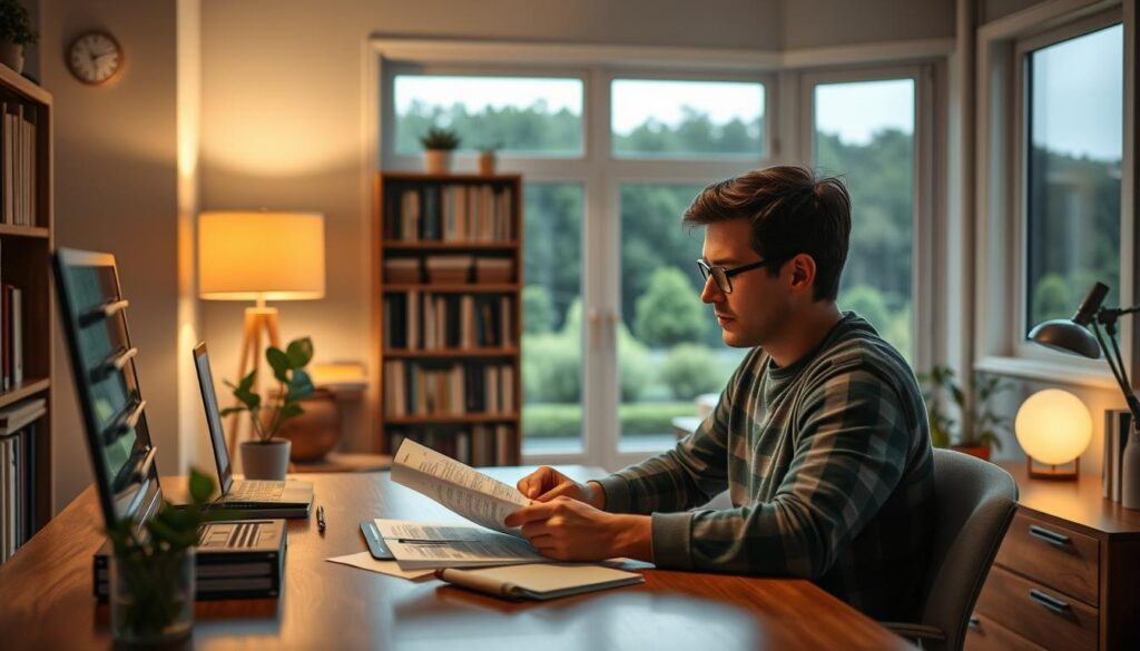 A serene, well-lit interior scene of a cozy home office. In the foreground, a person sits at a wooden desk, meticulously reviewing financial documents and calculations, their expression one of focused contemplation. Soft, indirect lighting illuminates the scene, casting a warm, comforting glow. The middle ground features a bookshelf filled with neatly organized volumes, symbolizing knowledge and resources. The background showcases a large window overlooking a tranquil, verdant landscape, providing a sense of spaciousness and a connection to the natural world. The overall atmosphere conveys a feeling of clarity, calm, and the alleviation of financial burdens.