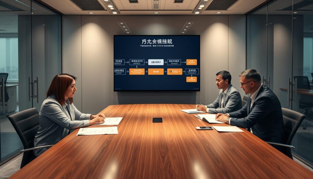 A sleek, modern office interior with a glass-walled conference room. Inside, a team of professional advisors sit around a polished wooden table, studying legal documents related to a second mortgage. A large touchscreen display on the wall shows a step-by-step flowchart of the "二胎塗銷" process, each stage clearly marked. Warm lighting from overhead fixtures creates a calm, focused atmosphere as the advisors discuss the finer details. The room conveys a sense of expertise and efficiency, reflecting the specialized service offered to resolve complex debt issues.