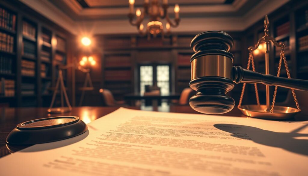 A sophisticated legal document with a dramatic flair, illuminated by warm, directional lighting that casts dynamic shadows across its intricate details. In the foreground, a gavel and scales of justice, symbols of the careful balance required in navigating complex legal matters. The middle ground features a bookshelf filled with tomes of legal precedent, while the background showcases a grand, high-ceilinged office, exuding an air of professionalism and authority. The overall mood is one of measured control, reflecting the importance of mitigating legal risks with the guidance of experienced professionals.