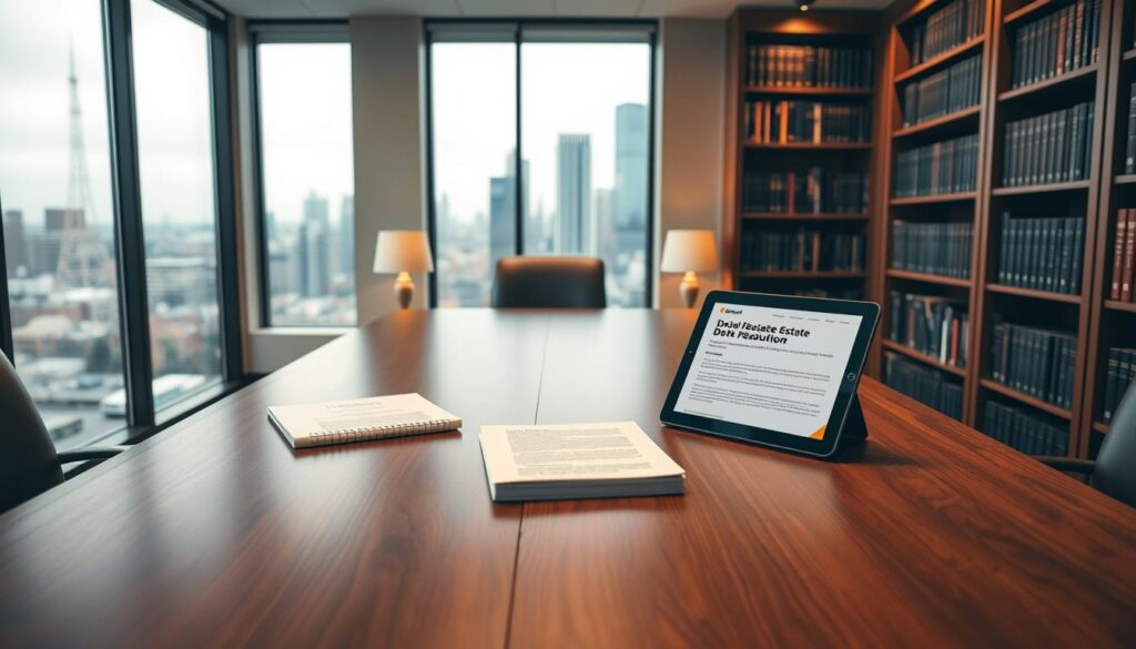 A sophisticated yet approachable legal office interior, with a large wooden desk as the focal point. On the desk, neatly arranged documents and a tablet device display detailed information about real estate debt resolution. Bookshelves line the walls, conveying a sense of expertise and authority. Warm, indirect lighting creates a professional yet inviting atmosphere. In the background, a window offers a view of a bustling urban landscape, emphasizing the real-world relevance of the services provided. A sense of trust, reliability, and specialized knowledge is conveyed through the thoughtful, harmonious design of the space.
