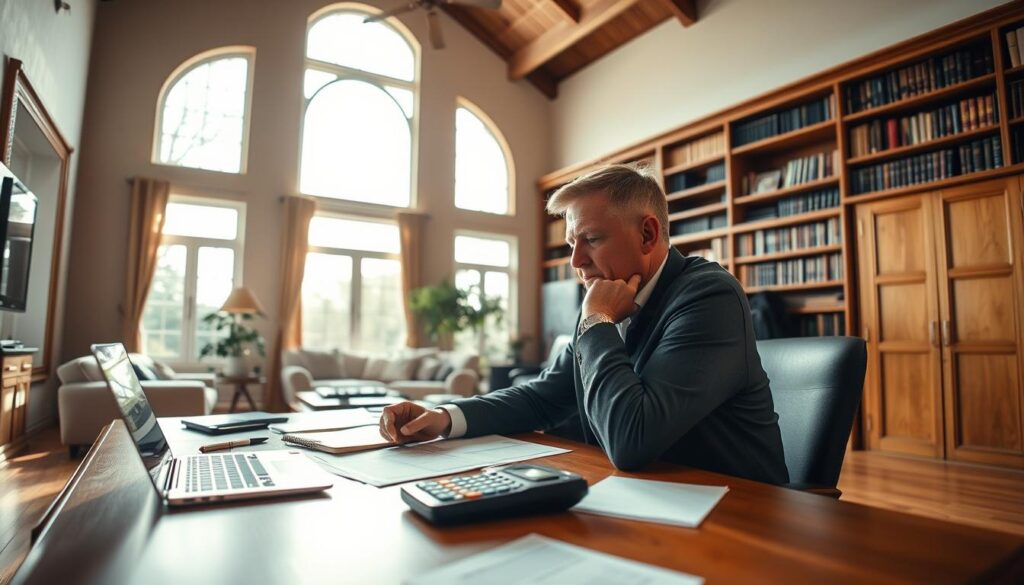 A spacious living room with high ceilings, large windows that flood the space with warm, natural light. The room is dominated by a sizable wooden desk, its surface cluttered with paperwork, a laptop, and a calculator. In the foreground, a middle-aged person sits at the desk, deep in contemplation, their expression pensive. Bookshelves line the walls, hinting at a wealth of legal knowledge. The overall atmosphere conveys a sense of professionalism and diligent financial management, as the individual grapples with the complexities of property debt consolidation. The scene is captured through a wide-angle lens, providing a comprehensive view of the setting.