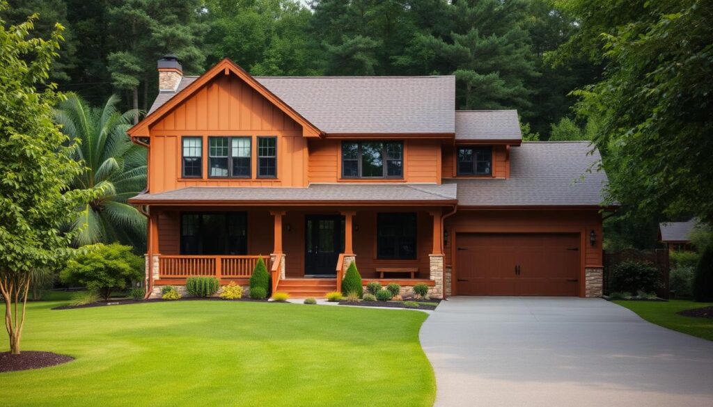 A stately two-story house set against a backdrop of a lush, verdant landscape. The front facade features a warm, earthy-toned exterior with decorative trim and a welcoming porch. Large windows allow natural light to flood the interior, creating a sense of openness and modernity. The driveway leads to a detached garage, suggesting ample space and functionality. The scene is illuminated by soft, diffused lighting, casting gentle shadows and highlighting the architectural details. An air of tranquility and comfort pervades the setting, inviting the viewer to envision the building's role as a family home and a valuable financial asset.