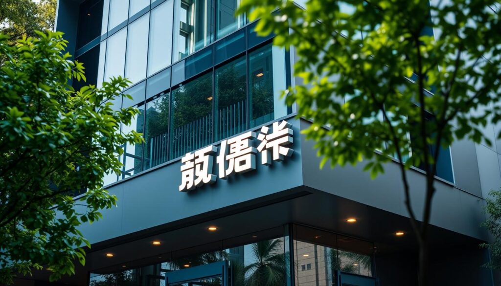 A striking commercial building with a prominent signage reading "友溙不動產服務" in a modern, minimalist design. The façade is clad in sleek glass and steel, giving it a professional and authoritative appearance. The building is set against a backdrop of lush greenery, creating a harmonious balance between the constructed and natural elements. Warm, directional lighting illuminates the signage, making it stand out prominently. The composition is carefully framed, with the building occupying the central focus and the surroundings providing a sense of context and environment. The overall atmosphere conveys a sense of expertise, reliability, and a commitment to providing high-quality real estate services.