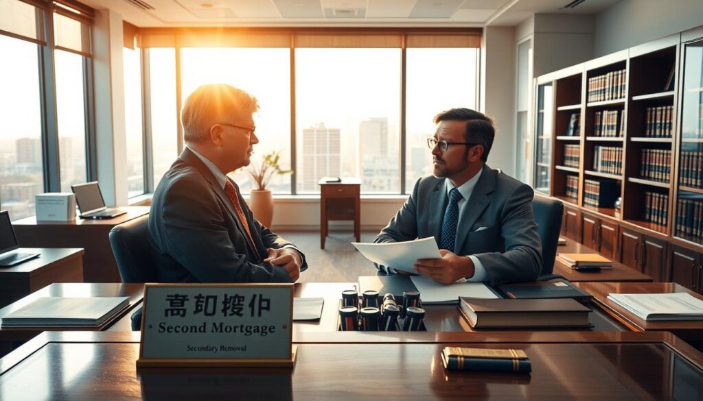 A sun-drenched law office, its front desk adorned with a plaque reading "二胎塗銷" (Second Mortgage Removal). Sleek desks and bookshelves line the room, creating an atmosphere of professionalism and expertise. In the foreground, a concerned homeowner meets with a knowledgeable lawyer, discussing the intricate legal process of removing a secondary mortgage. Warm lighting casts a subtle glow, emphasizing the importance of the conversation. The background reveals a cityscape through large windows, suggesting the broader context of property ownership and finance. The scene conveys the collaborative effort between real estate and legal professionals to guide clients through the nuanced and essential task of mortgage lien discharge.
