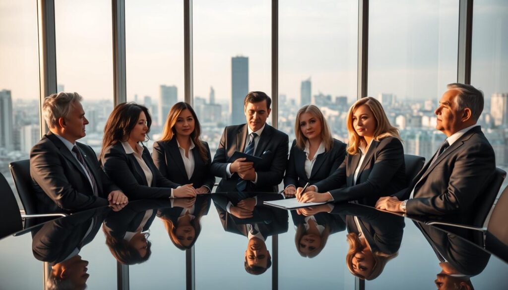 A team of professional lawyers, dressed in formal attire, gathered in a modern and well-appointed conference room. The lighting is soft and warm, casting a thoughtful and authoritative atmosphere. The lawyers are seated around a sleek, glass table, engaged in a discussion, with expressions of focused concentration on their faces. The background features floor-to-ceiling windows, offering a panoramic view of a bustling urban skyline, conveying a sense of the team's expertise and the caliber of their practice. The overall scene captures the professionalism, diligence, and collaborative nature of the legal team, ready to provide exceptional service and guidance to their clients.