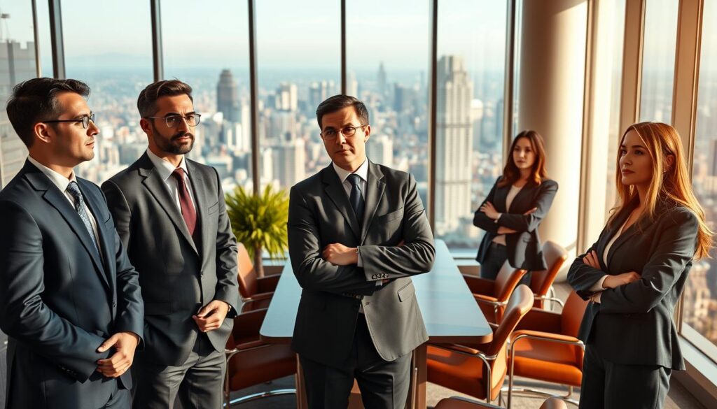 A team of professional lawyers standing confidently in a modern, well-lit office. In the foreground, three lawyers in crisp, tailored suits engage in a thoughtful discussion, their expressions serious yet approachable. The middle ground showcases a stylish conference table surrounded by leather chairs, creating an atmosphere of authority and expertise. In the background, floor-to-ceiling windows offer a panoramic view of a bustling city skyline, conveying a sense of sophistication and success. Warm, directional lighting casts subtle shadows, highlighting the confident posture and attentive demeanor of the legal professionals.