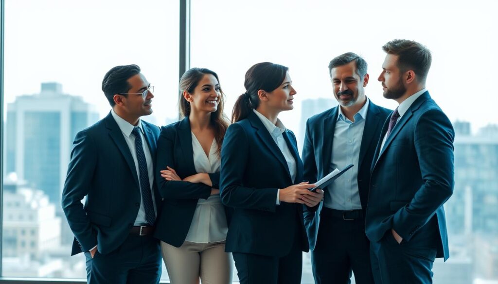 A team of professionals, dressed in formal attire, standing together in a modern, well-lit office space. The background features a large window with a cityscape in the distance, conveying a sense of authority and expertise. The team members are engaged in a collaborative discussion, their body language and facial expressions reflecting a harmonious and focused dynamic. The lighting is soft and directional, creating subtle shadows and highlights that accentuate the details of their expressions and the elegant lines of their professional wear. The overall atmosphere is one of confidence, competence, and a shared commitment to providing effective solutions.
