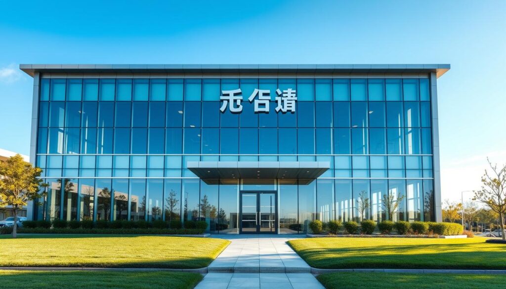 A vibrant and modern exterior view of the "友溙不動產服務" office building, set against a clear blue sky. The facade is composed of sleek glass panels and polished metal accents, conveying a professional and trustworthy atmosphere. The building is situated on a well-manicured lawn, with lush greenery and a clean, minimalist landscape design. Warm, directional lighting illuminates the entrance, inviting visitors to step inside. The overall composition emphasizes the company's attention to detail, commitment to excellence, and dedication to providing top-tier real estate services.