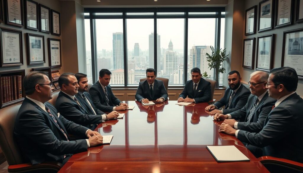 A well-appointed law office filled with a team of professional attorneys in dark suits, seated around a polished mahogany conference table, focused expressions on their faces as they discuss legal strategies. Soft, warm lighting illuminates the room, casting a serious yet authoritative mood. The walls are adorned with framed law degrees and accolades, conveying the team's expertise and credentials. Large windows overlook the bustling city outside, suggesting their prominence and influence within the community. A sense of trust, competence, and dedication to their clients' needs permeates the scene.