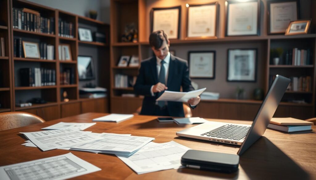 A well-lit office interior with a wooden desk, a laptop, and financial documents scattered across the surface. In the middle ground, a person in a suit is reviewing paperwork, deep in thought. The background features shelves lined with books and framed certificates, conveying a sense of professionalism and expertise. Soft, warm lighting casts a serene ambiance, highlighting the importance of financial planning and debt consolidation. The overall scene reflects the subject of real estate debt management and the significance of seeking professional guidance.