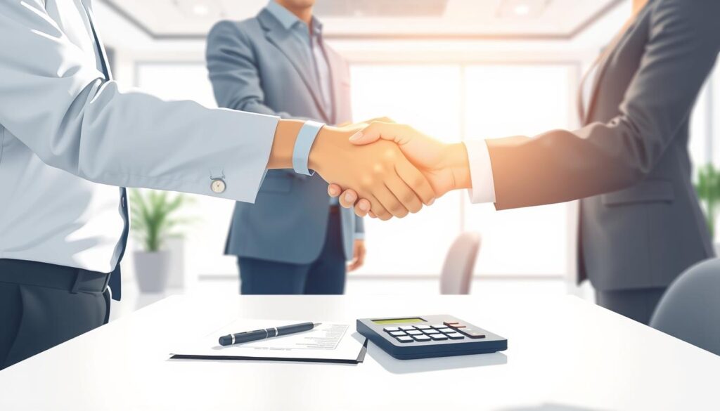 A well-lit, realistic illustration depicting the safe and secure real estate transaction process. In the foreground, a handshake between two parties sealing the deal, conveying trust and professionalism. The middle ground shows documents being exchanged, with a calculator and pen nearby, representing the meticulous legal and financial aspects. In the background, a modern office interior with clean lines and neutral tones, creating a calming, orderly atmosphere. Soft, directional lighting casts subtle shadows, emphasizing the three-dimensional nature of the scene. The overall composition and attention to detail convey the efficiency, transparency, and safety of the real estate transaction workflow.