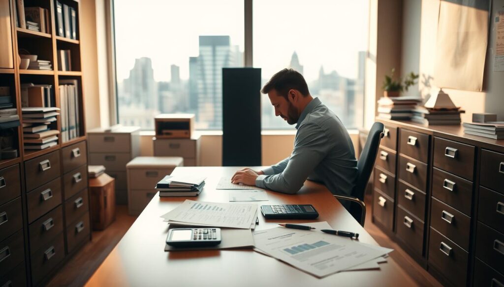 A well-organized room with a desk, chair, and filing cabinets in the foreground. On the desk are financial documents, a calculator, and a pen. In the middle ground, a person sits at the desk, deep in thought, looking for solutions to financial challenges. The background features a window overlooking a cityscape, suggesting the urban setting of the financial services. The lighting is warm and inviting, creating a sense of professionalism and expertise. The overall scene conveys a atmosphere of diligent problem-solving and financial expertise.