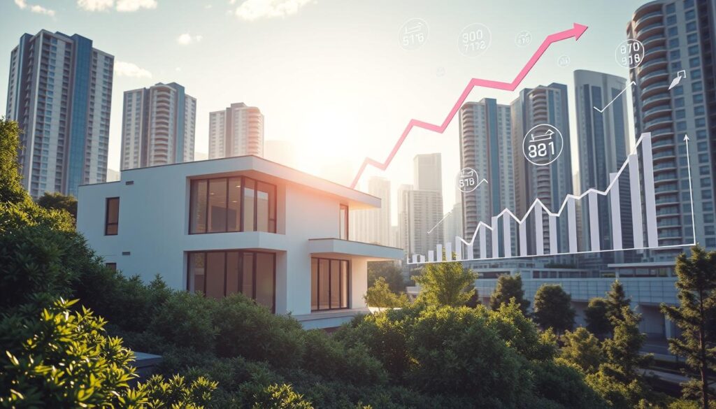 An expansive real estate scene depicting the current trends in housing loan interest rates. In the foreground, a sleek modern house with a crisp facade and clean lines sits nestled among lush greenery. Sunlight streams through large windows, casting a warm, inviting glow. In the middle ground, various financial charts and graphs hover in the air, displaying fluctuating interest rate data in a dynamic, futuristic manner. The background is a cityscape of high-rise buildings, reflecting the urban landscape where these housing decisions take place. The overall mood is one of informative clarity, balancing the practical realities of home financing with the aspirational appeal of modern architecture and design.