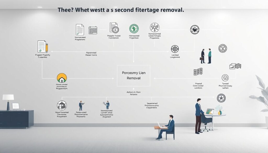 An intricate process diagram depicting the step-by-step procedure for second mortgage lien removal, rendered in a clean, technical style. The foreground features a central flow chart with clearly delineated stages, surrounded by supporting illustrations such as property documents, government seals, and financial instruments. The middle ground showcases the involved parties - homeowners, lenders, and government officials - engaged in the various tasks. The background provides a minimalist office setting, with muted tones and subtle lighting to maintain focus on the diagrammatic elements. Overall, the image conveys a sense of professionalism and attention to detail, befitting the specialized service being offered.