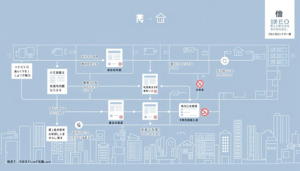 An intricately detailed process diagram depicting the "二胎塗銷流程" or the procedure for cancelling a second mortgage. The diagram is rendered in a clean, technical style with crisp lines, precise shapes, and a soothing color palette of blues, grays, and whites. The foreground displays the step-by-step workflow with clearly labeled stages, while the middle ground features relevant legal documents, stamps, and seals. The background showcases an architectural blueprint-inspired cityscape, symbolizing the real estate context. The overall mood is one of orderly efficiency, guiding the viewer through the complex bureaucratic process in a reassuring manner.