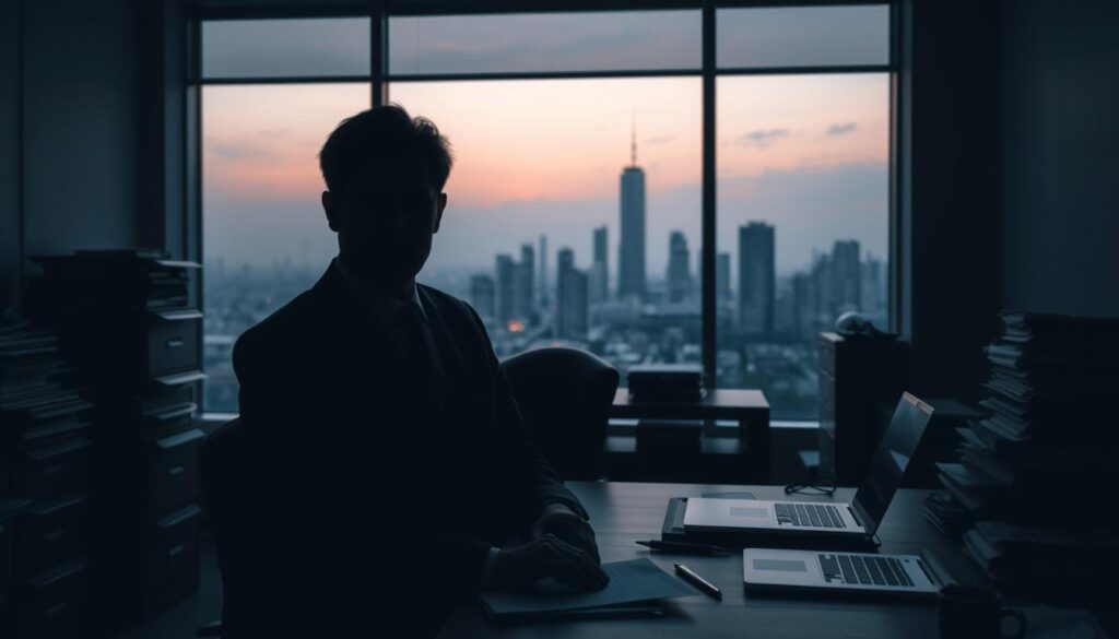 a dimly lit modern office interior, with a large window overlooking an urban skyline at dusk. In the foreground, a businessman in a suit sits at a cluttered desk, his face obscured by shadows, conveying a sense of unease and hidden risks. The middle ground features file cabinets, stacks of documents, and a laptop, suggesting the complexities of financial management. The background is hazy, with a subtle sense of foreboding, as if the city beyond the window harbors unseen dangers. Dramatic chiaroscuro lighting creates a moody, contemplative atmosphere, emphasizing the "潛在風險" or underlying threats that the subject must navigate.